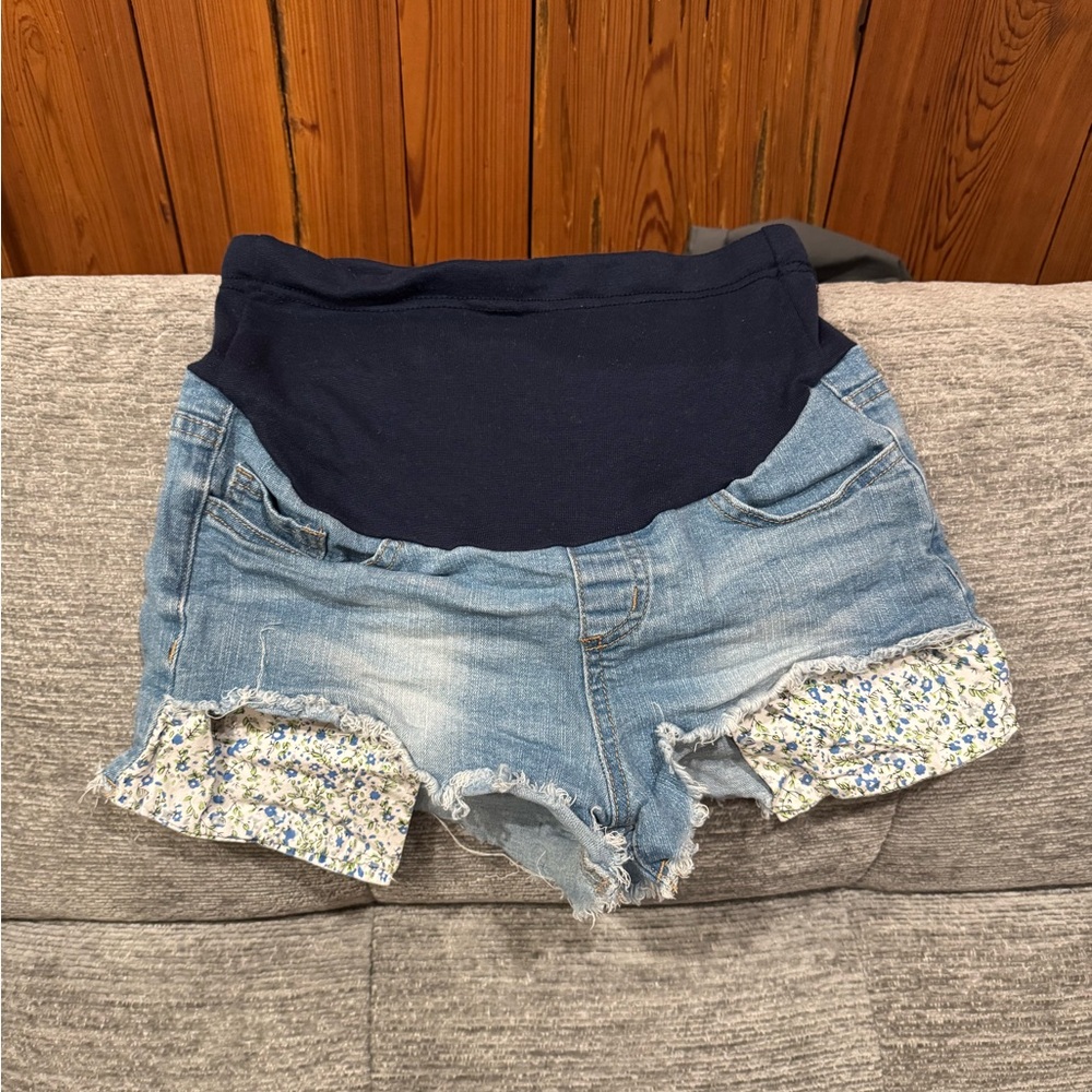 Denim Maternity Shorts with Floral pockets